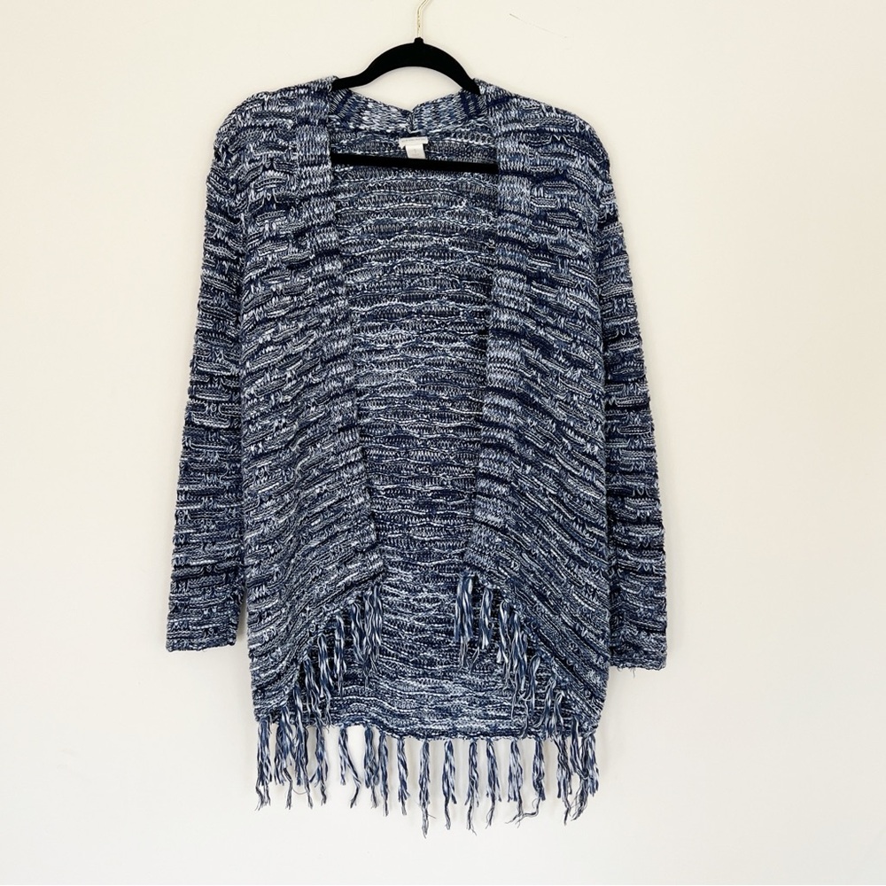 Chico’s Open-Front Marled Fringe Sweater Cardigan 1 Navy White Cotton Layering